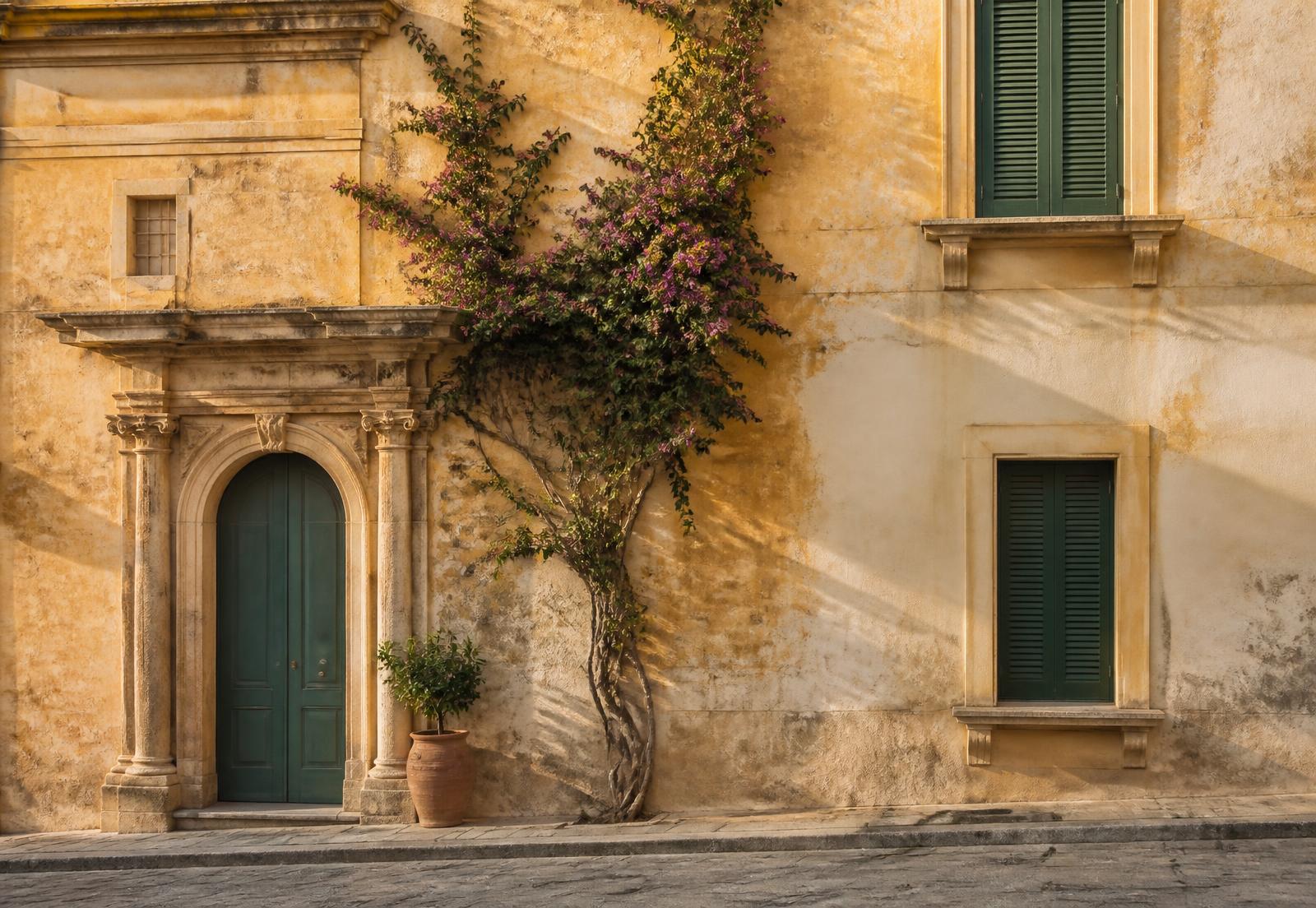 Sunlit southern Italian townhouse facade with green shutters and an arched doorway