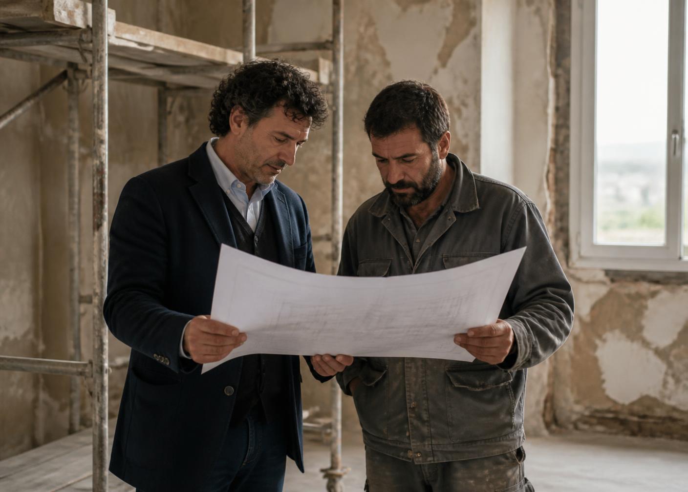 An architect and a builder reviewing plans inside a house under renovation